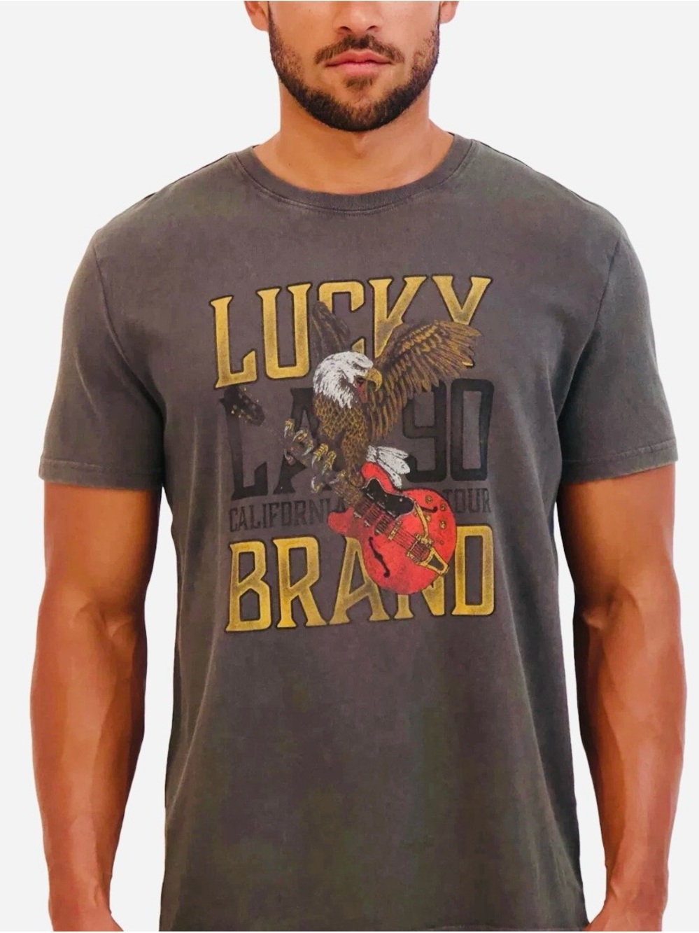 Lucky Brand Shirt Mens XXL Eagle Guitar Graphic Print Rock Casual Crewneck Gray